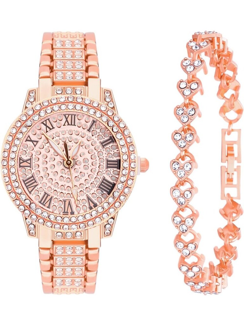Women's Rose Gold 2 Pieces Bracelet Set Luxury Jewelry Cubic Zirconia Wristwatch